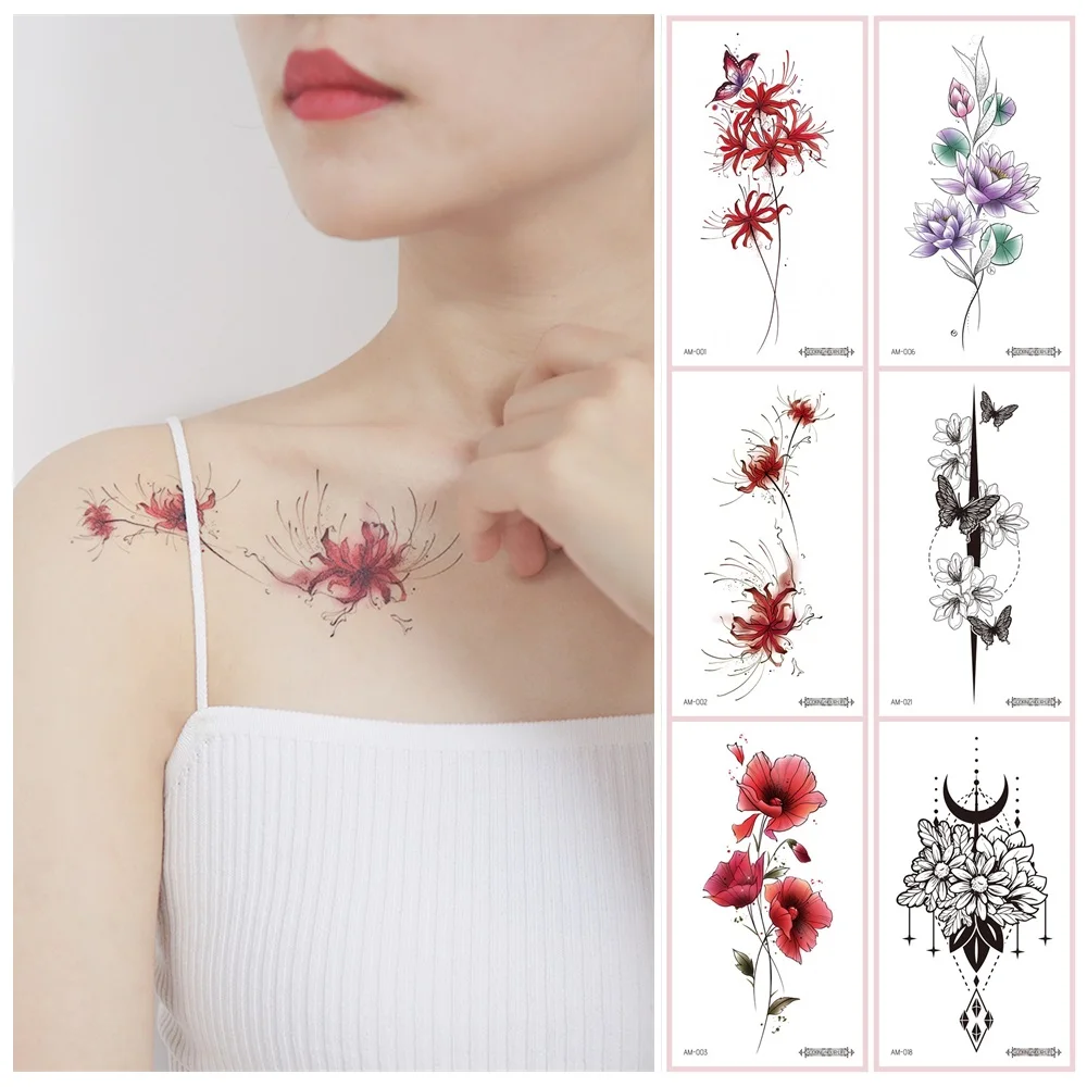 Handpainted Watercolor Tattoo Women Flower Disposable Temporary Sexy Lady Body Art Sticker Waterproof Summer Vacation