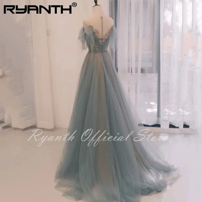 Ryanth Evening Dress Sequins Boat Neck Short Sleeves Floor Length Tulle A-Line Zipper Back Elegant Plus Size Women Party Dresses