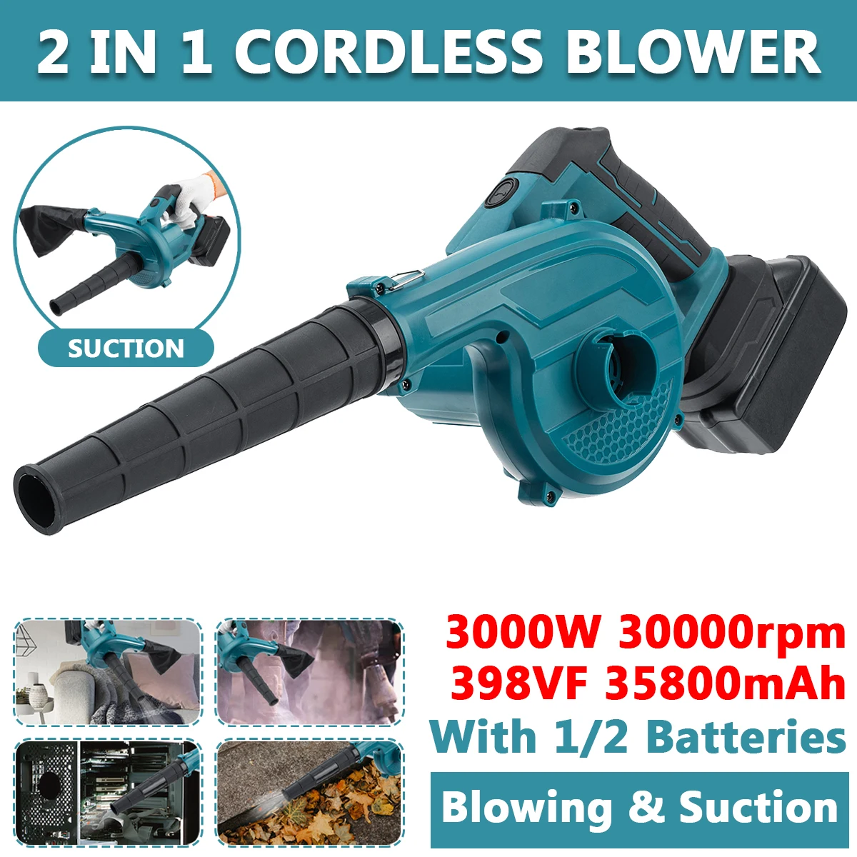 

3000W Cordless Electric Air Blower Blower&Suction 2in1 Garden Vacuum Cleaner Dust Computer Collector Tools For Makita 18V