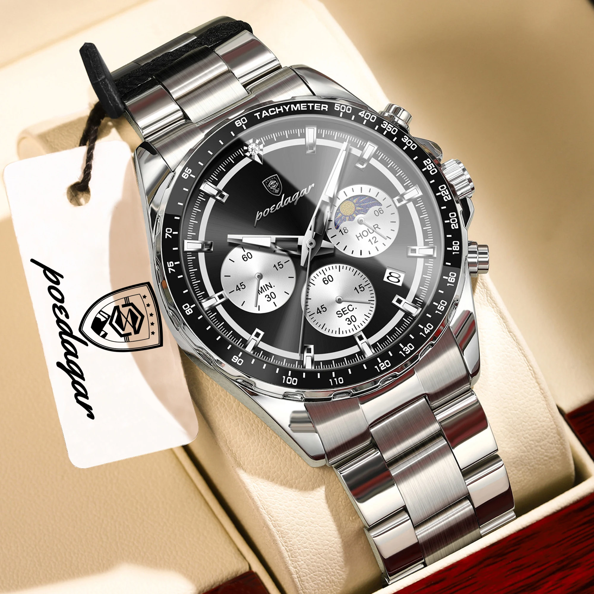 POEDAGAR Business Brand Man Wristwatch Waterproof Stainless Steel Luminous Men Watch Chronograph Date Men's Quartz Watches Reloj