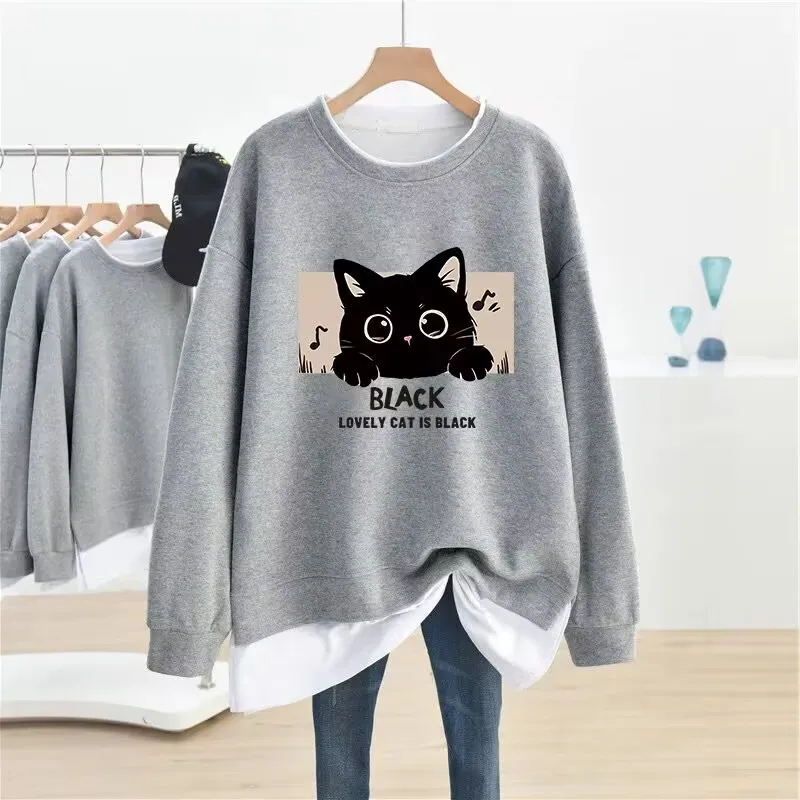 Dayifun-cartoon impresso hoodies feminino o-pescoço pullovers falso moletom de duas peças retalhos design plus size topos 4xl 2024 novo