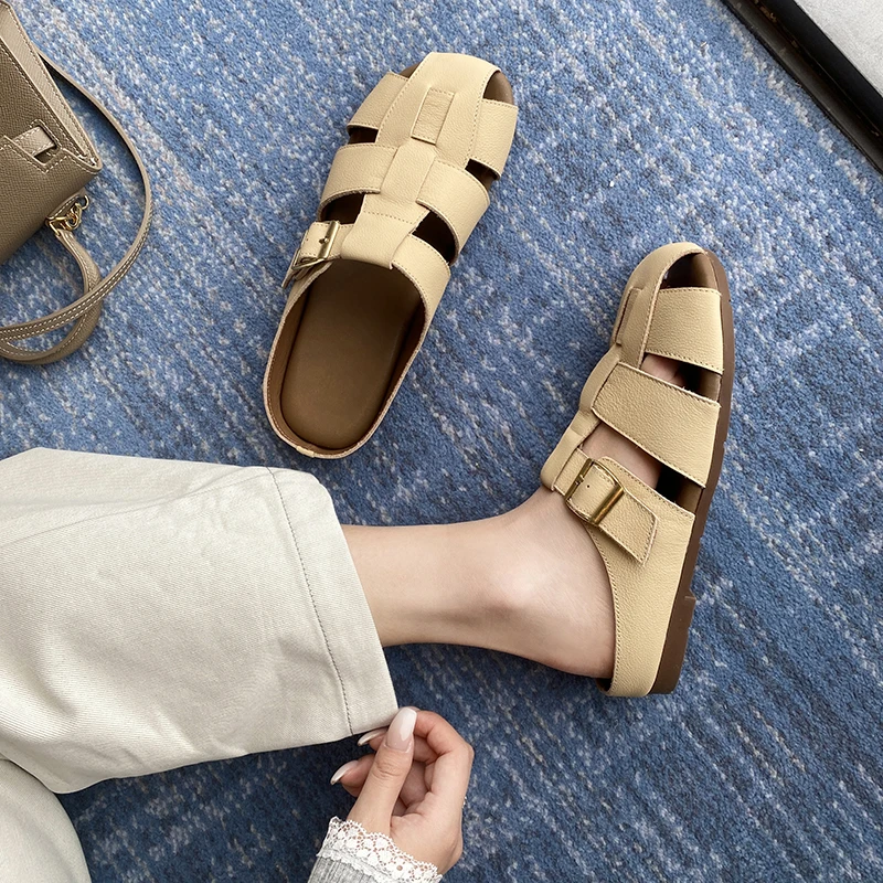 2026 new summer women sandalsnatural leather 22-25cm cowhide+microfiber+pigskin open toe mules buckle women slippers fashion