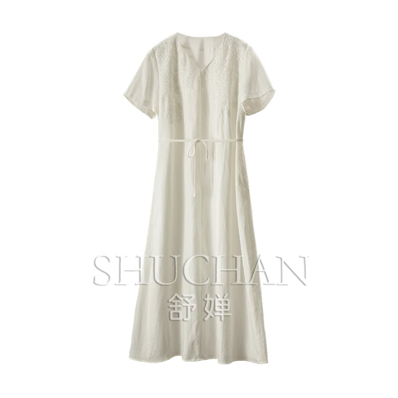 

New White Moonlight, French Lyocell+ Linen Lace-up Waist Embroidery V-neck A-word Dress Women 0Y77