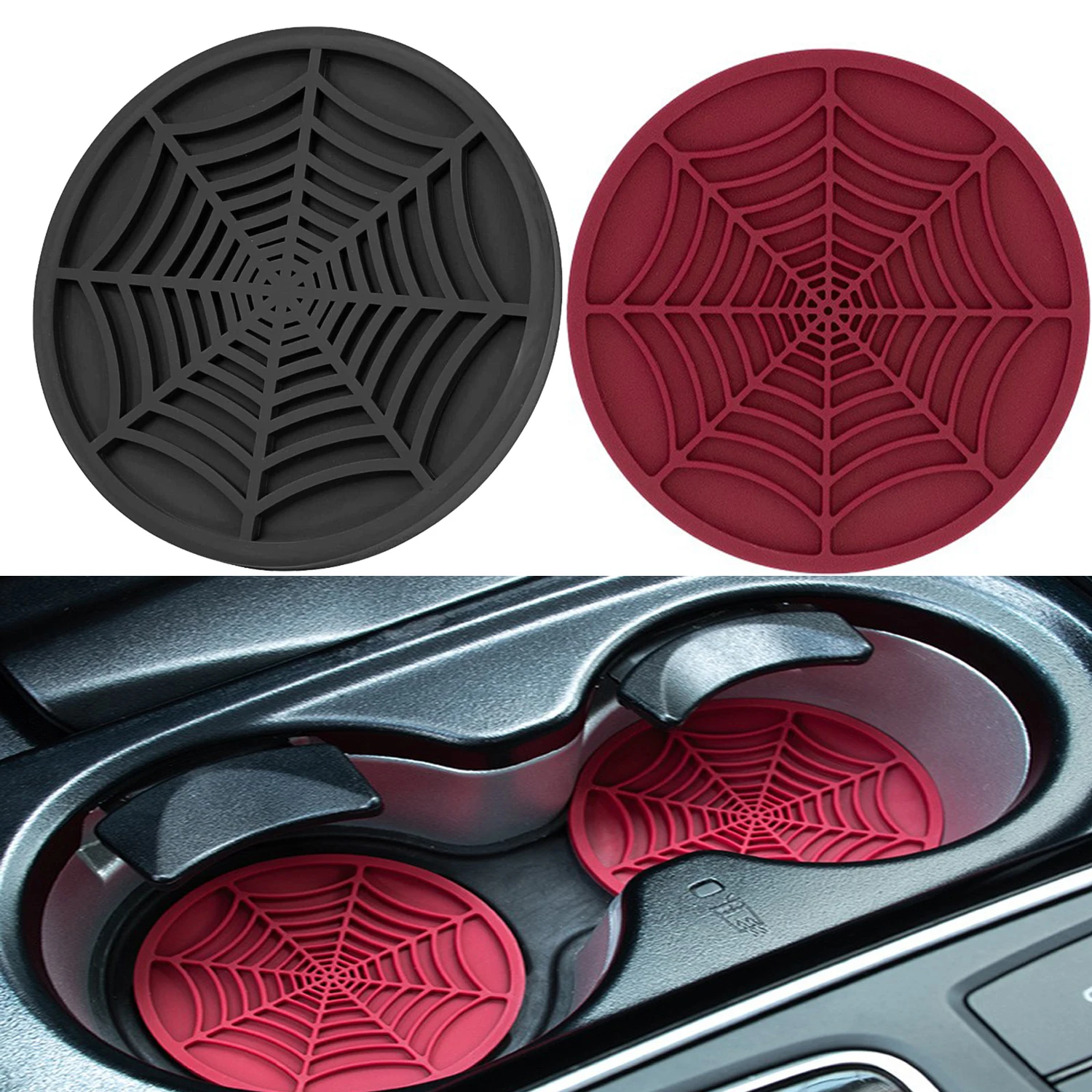 Spider Web Car Coasters for Cup Holders, Funny Non-Slip Silicone Insert Ornaments Coasters, Automotive Cupholder Goth Accessorie