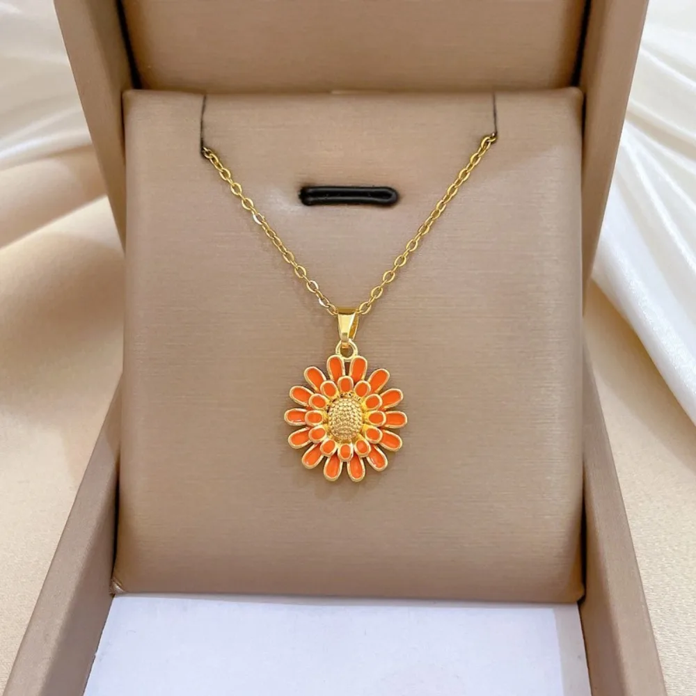 Summer Fashion Enamel Sunflower Gold Color Stainless Steel Orange Daisy Flower Pendant Necklace for Women Romance Casual Jewelry