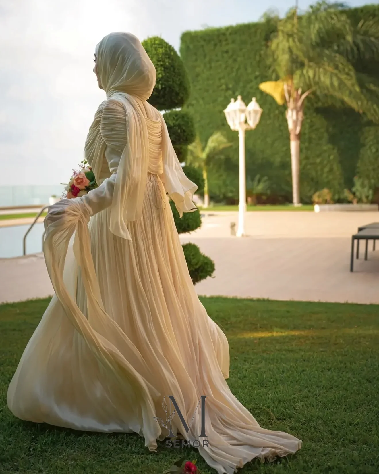 Semor Customized Muslim Wedding Dress Hijab Pleated Chiffon Long Sleeve A Line Bridal Gown Champagne Arabic Vestido De Novia