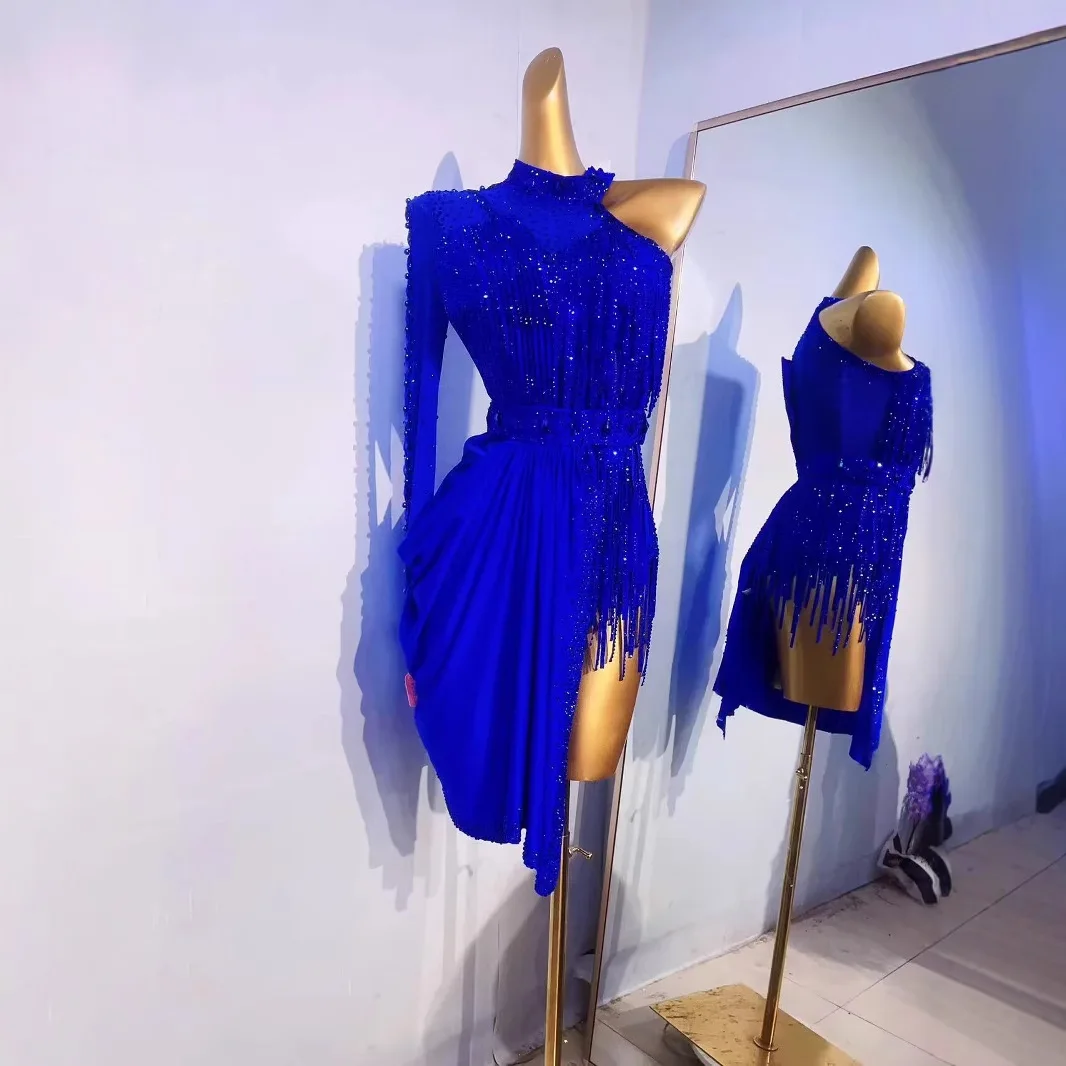 

Blue Latin Dance Contest Costume Premium Performance Dress Professional Flower Costume Vestidos Con Manga De Fiesta Elegantes