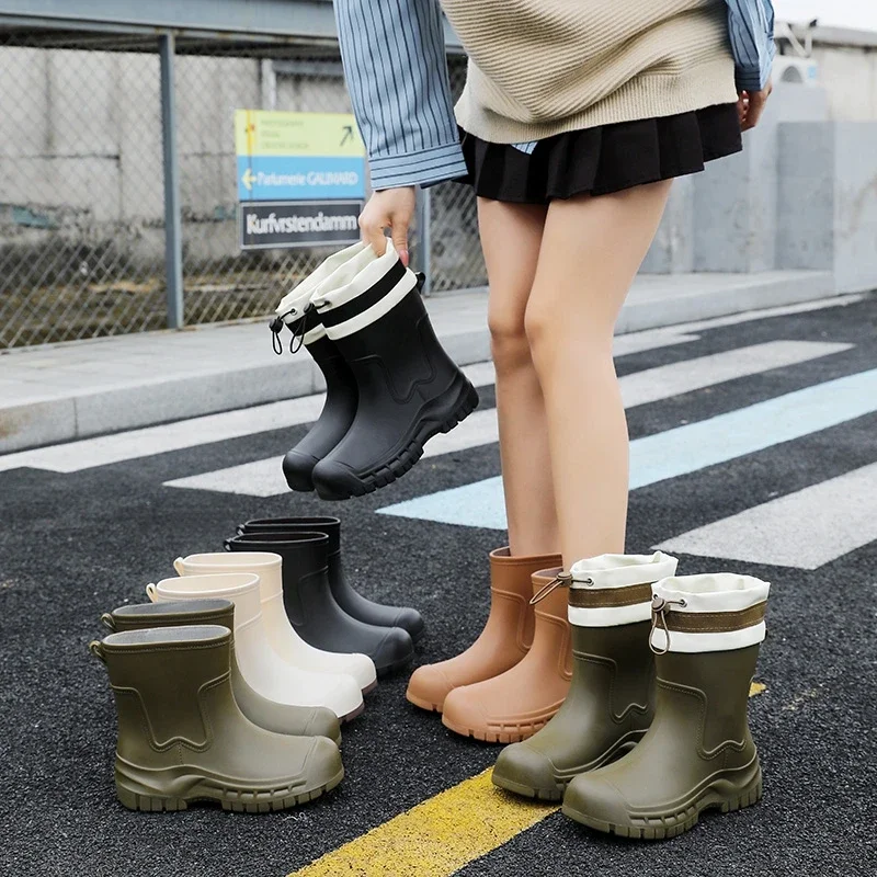 Fashion Rain Shoes Womens New Waterproof and Non-slip Medium Tube Rain Boots Kitchen Work Water Shoes Cotton Thermal Rubbershoes