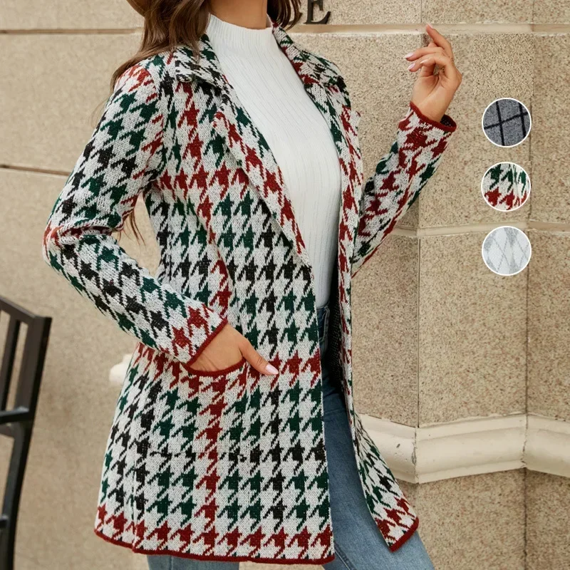 Maglioni da donna con stampa scozzese Cardigan Colletto rovesciato Cappotti lavorati a maglia Streetwear Giacca lunga autunno inverno punto aperto da lavoro elegante