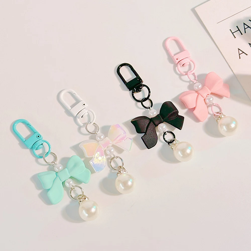 Y2k Imitation Pearl Bowknot Keyring Candy Color Phone Key Chain Bag Pendant Earphone Case Decoration Bow Pearl Pendant Key Chain