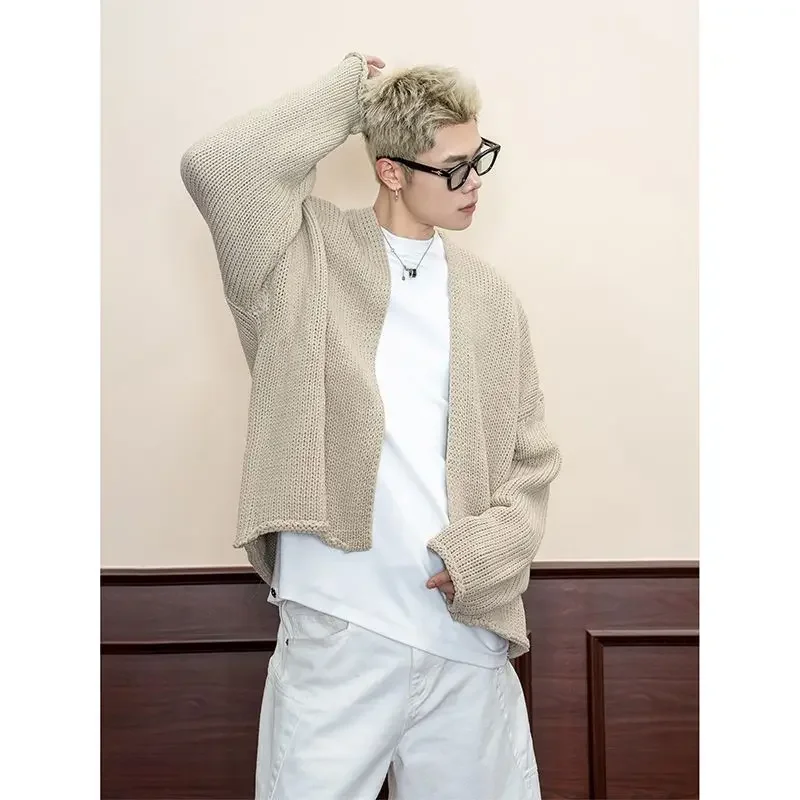 Autumn and Winter Niche Design Solid Color V-neck Cardigan Men Sweater Coats Loose Casual Irregular Couple Knitted Cardigan