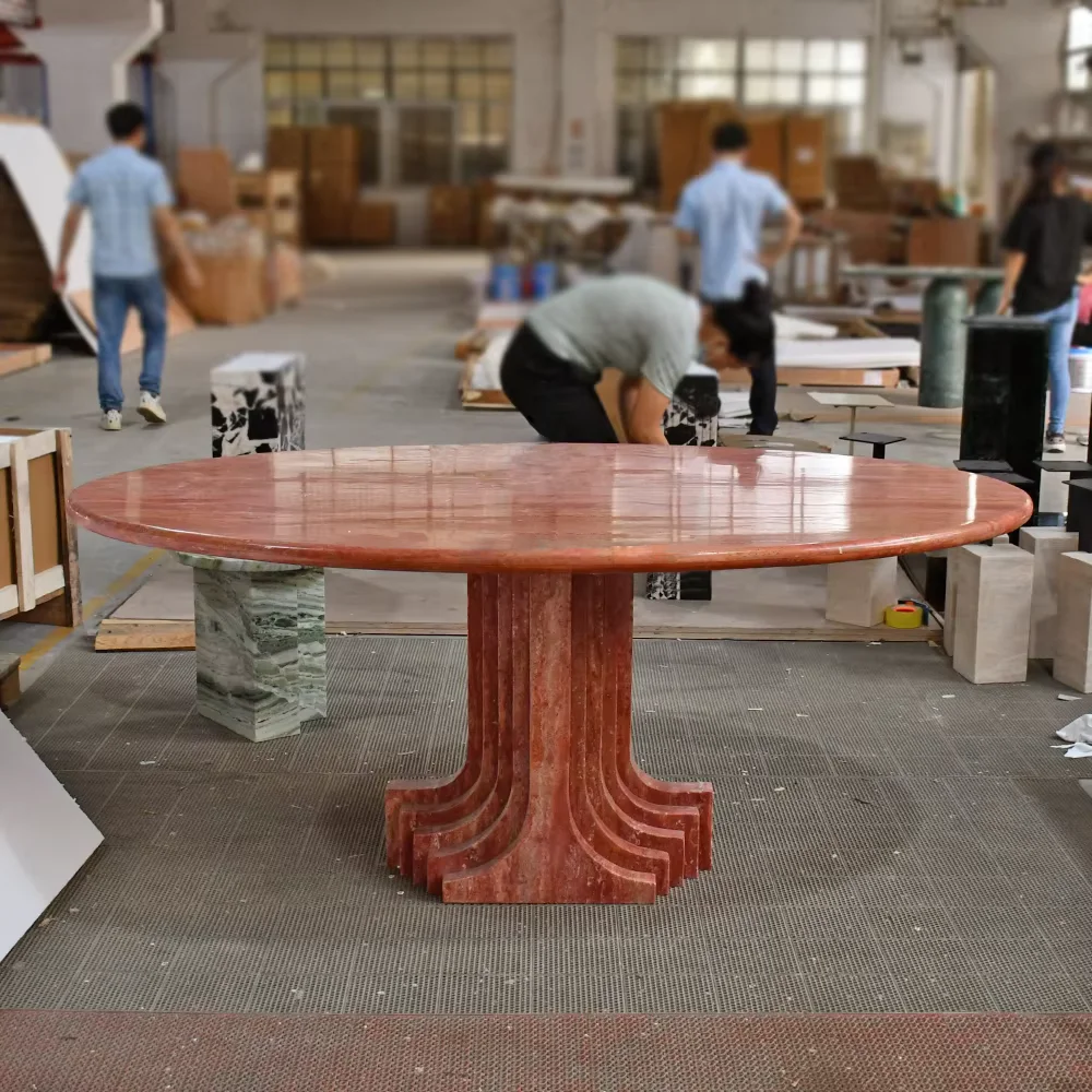 Mesa de comedor ovalada de travertino rojo con pedesta, muebles de piedra decorativos, diseño Vintage Carlo Scarpa