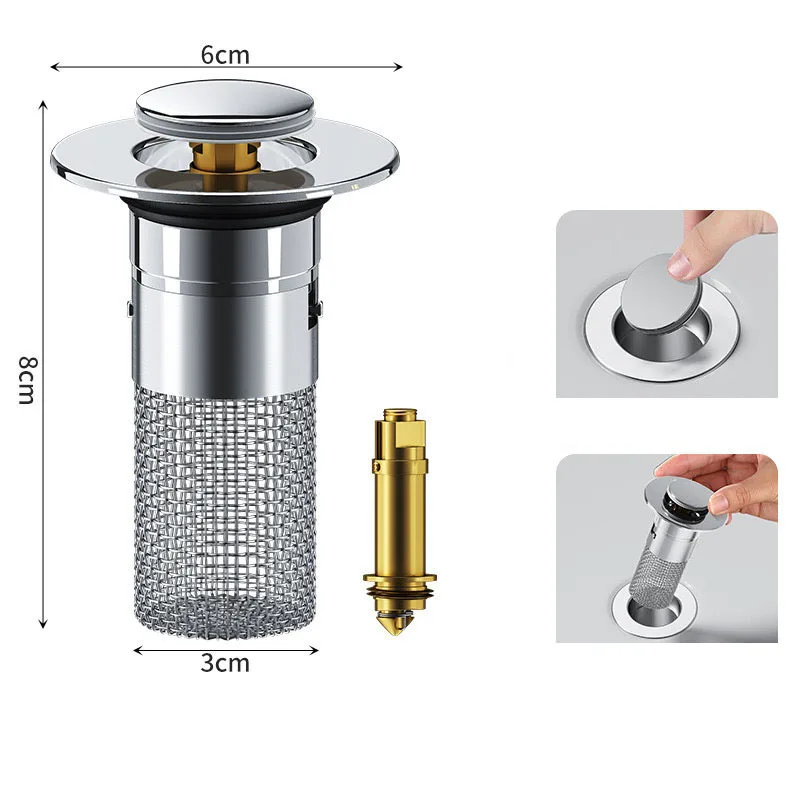 1pc Anti-Odor Bathroom Sink Plug Strainer Stainless Steel Pop-Up Drain Plug With Brass Core Bounce Filter Bathroom Accessories