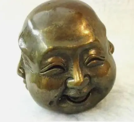 OLD SIGNED BRONZE Carved Buddhism Buddha Head Sculpture Statue 4 Faces