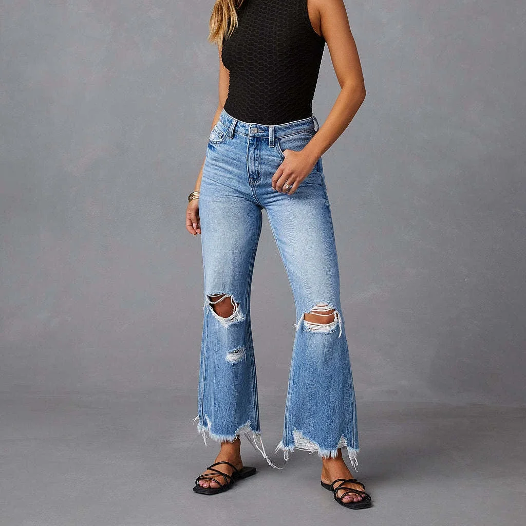 Hole Blue Jeans for Women High Waist Mom Straight Pants Mom Denim Autumn Casual Long Streetwear Y2k Trousers Capris Baggy