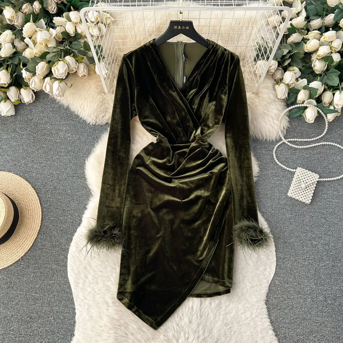 JAMERARY Luxury Banquet Velvet Dress Women\'s Sexy Wrap Robe Feathers Long Sleeve Sheath Bodycon Autumn Winter Vestidos