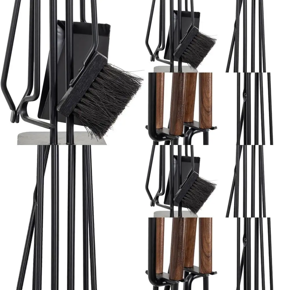 

Black 5-Piece Ember Levi Fireplace Tool Set with Walnut Handles | Brush, Shovel, Poker, Tongs, Stand | Heavy Duty Steel | Heat R