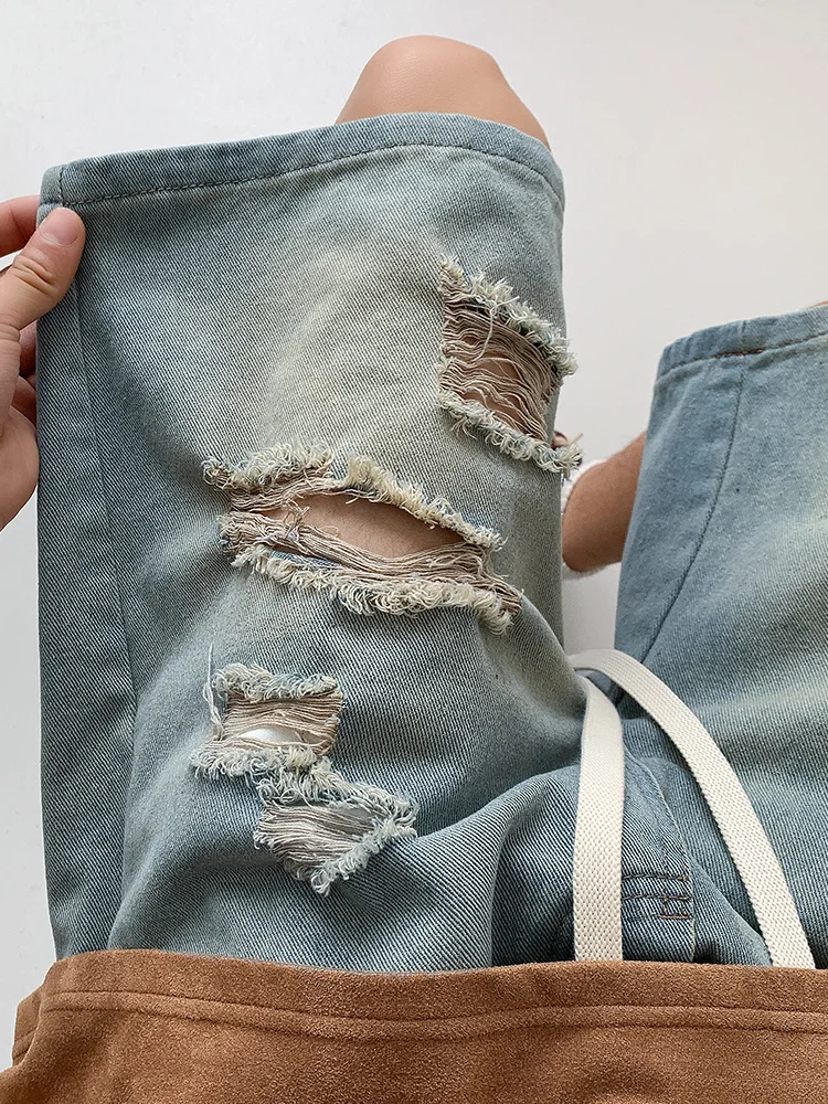 

Рваные джинсовые шорты мужские летние тонкие свободные повседневные со средней посадкой в американском стиле, модные, для подростков, прямые, длиной до колена