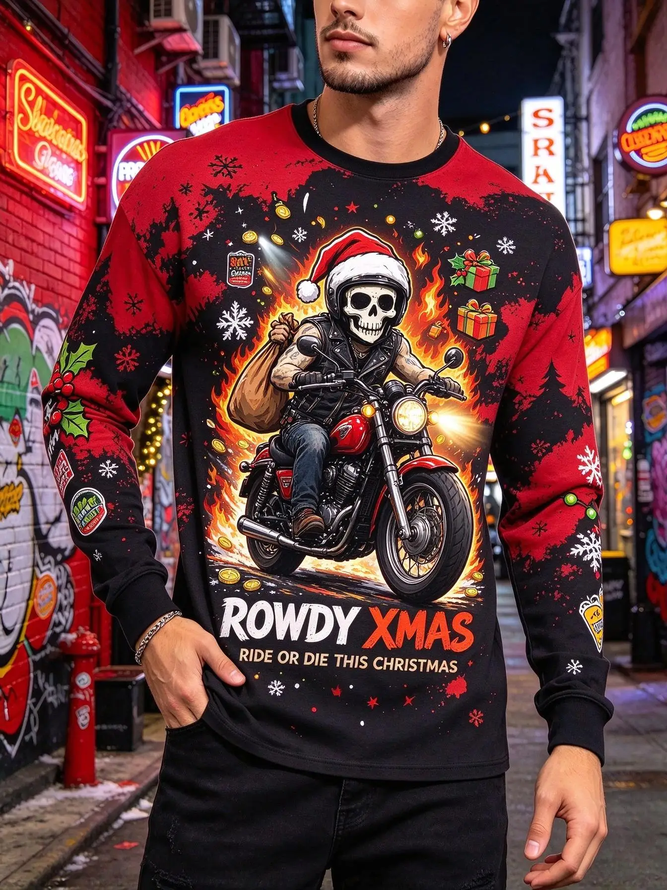 Ugly Christmas Men Long Sleeve T-shirt, Street Graffiti Skull Santa Hat Spray Paint Gift Full Print Casual Xmas Tee Tops