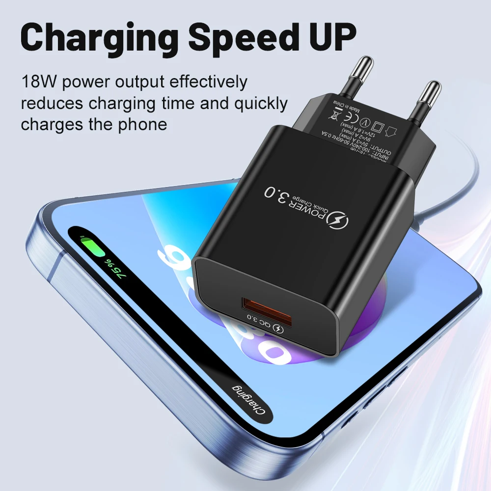 18W 3A Fast Charger USB Charger Quick Charge 3.0 Phone Charger for iPhone for Huawei Samsung Xiaomi 14 Redmi EU US Plug