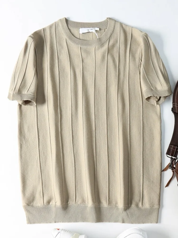 Hot Sale Summer Men Jacquard Elasticity Casual Knitted T-Shirt Short Sleeve O-Neck Tops Loose Fit Daily Tees Breathable Pullover