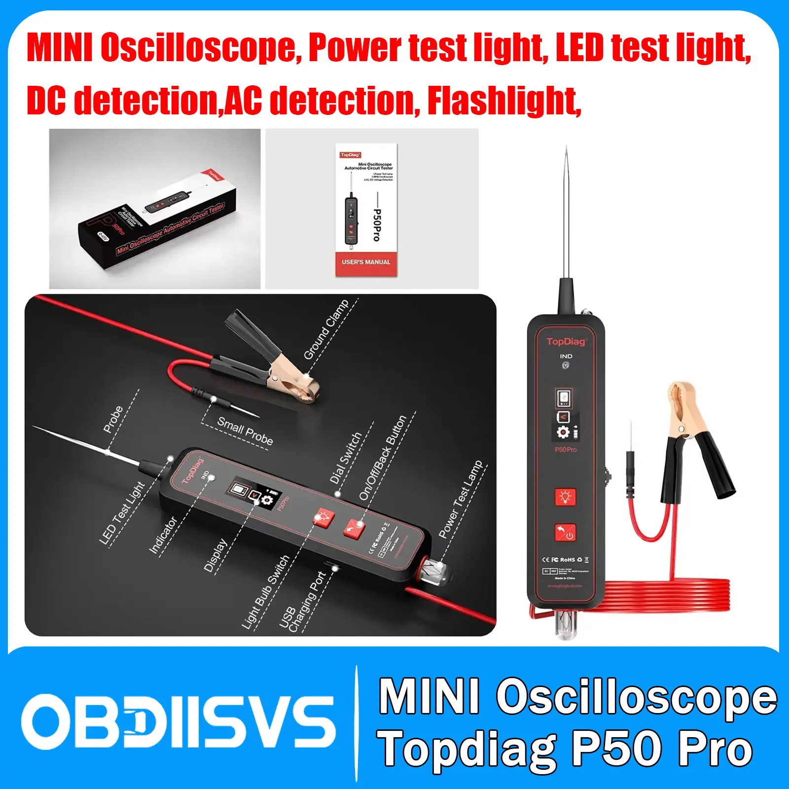 

Topdiag P50 Pro MINI Oscilloscope Electrical Power Circuit Probe Pen Automotive Circuit Tester Battery Diagnostic Testing Tool