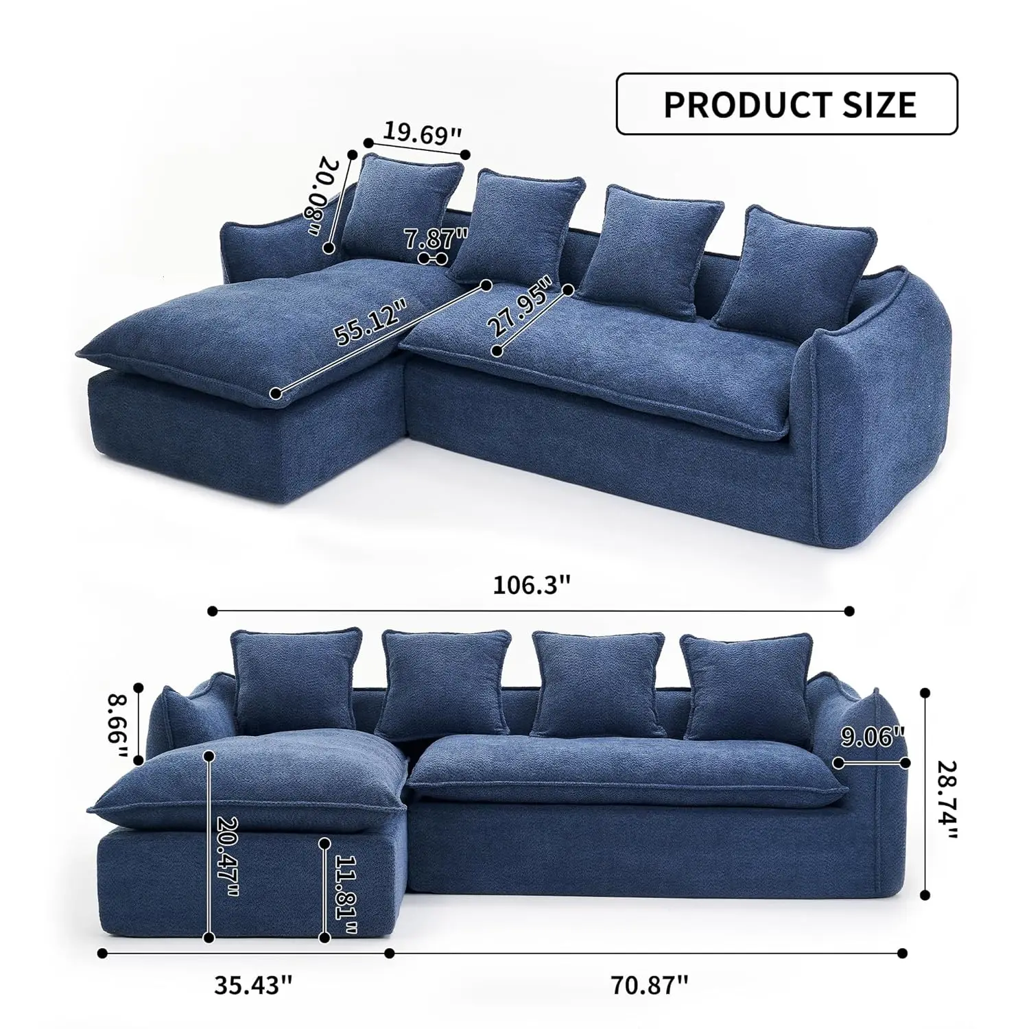Modern Comfy L Shape Cloud Sectional, 106.3