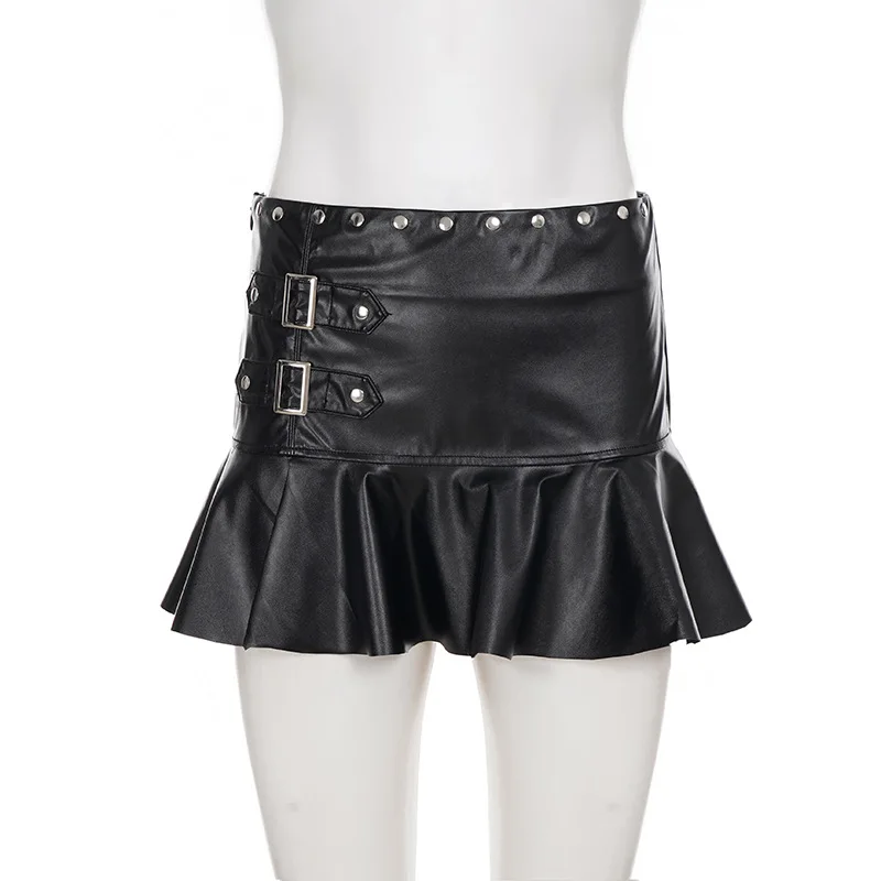 

Autumn Winter Personalized Street Style Rivet Design Metal Buckle Skirt