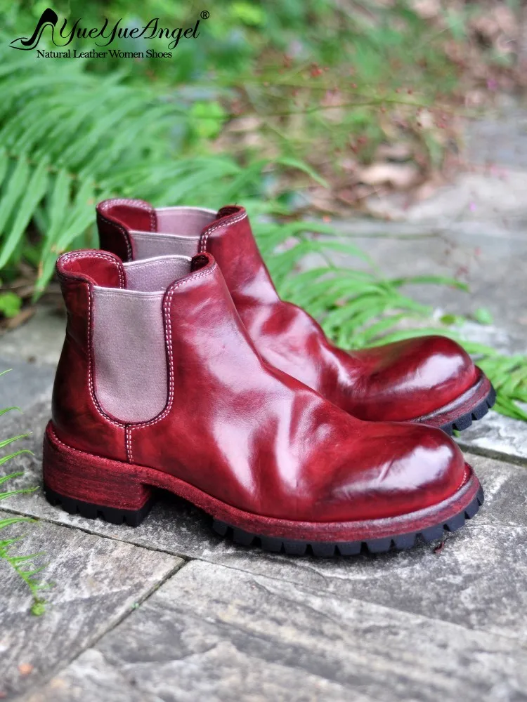 Women Vintage Handmade High Quality Footwear Horsehide Genuine Leather Boots Casual British Style Designer Chelsea Boots Female