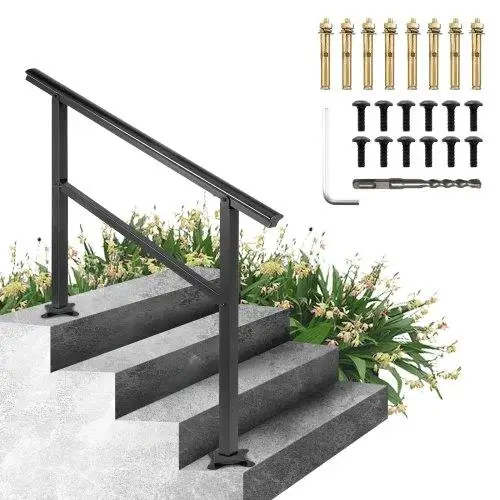 Adjustable Outdoor Stair Handrail 48x35.5 Aluminum Railing for cross Bar Stairs, 0-45 Degrees - Black Banister