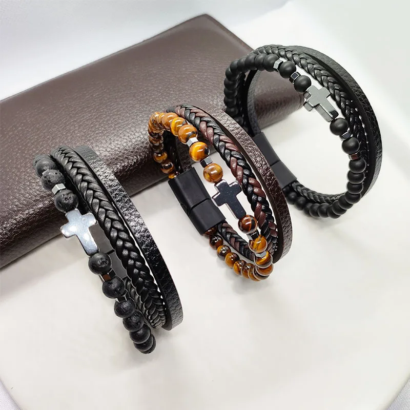 

Three Layers Charm Natural Tiger Eye Stone 6mm Bead Cross Bracelet Woven Leather Rope 20cm For Men&Women Fashion Jewelry 2024