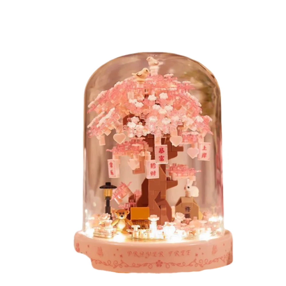 

With Ambient Light Sakura Tree Building Blocks Exquisite Design Handmade Design Flower Assembly Blocks Potted Plant Decor