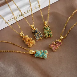 Stainless Steel Chain Colorful Shiny Zircon Cute Bear Pendant Necklace for Women Girls Trendy Fashion Jewelry Accessories Gifts