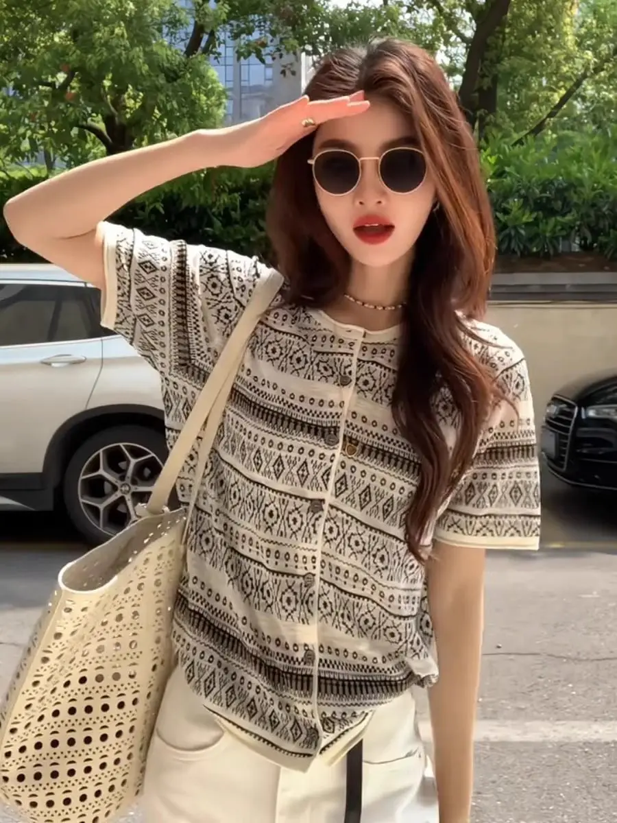 

Summer New Vintage Vintage Ice Silk Knit Cardigan Y2k Print Plaid Short Sleeve Jacket O-neck Casual All-match Coat Tops Tees