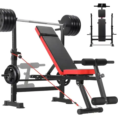 900 LBS Weight Bench Set with Squat Rack, Adjustable Bench Press Set with Leg Extension and Leg Curl, Foldable, Customized