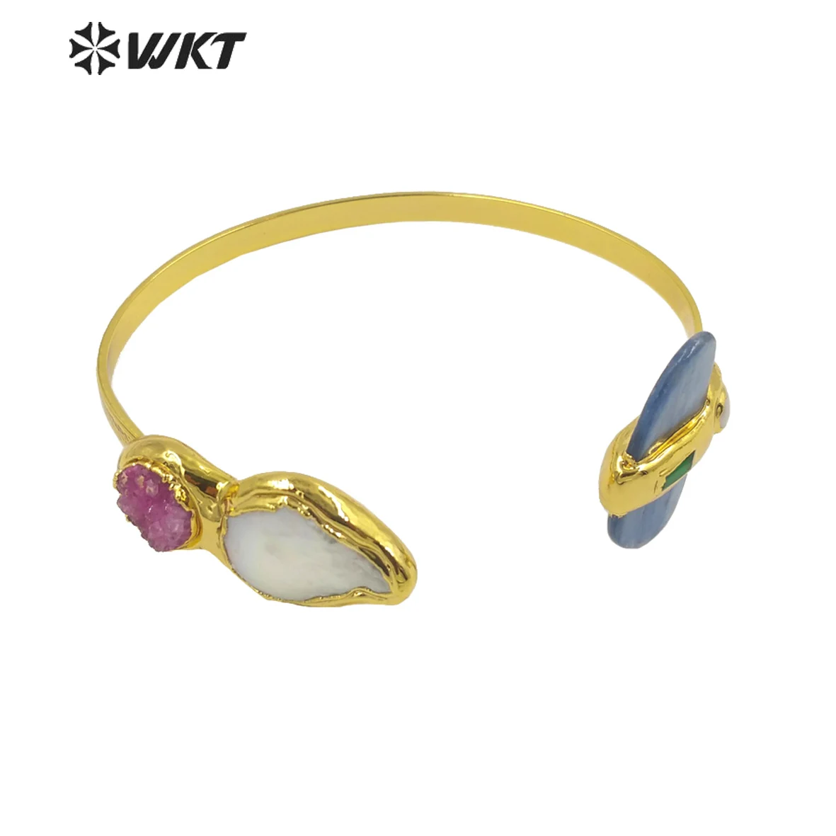 

WT-B620 Wholesale 18k Real Gold Plated Resist Tarnishable Gorgeous Royal Nobal Pearl Bangle Women Open size Double Stone ACC