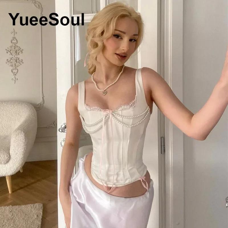 White Y2K Aesthetic Crop Top Elegant Vintage Sleeveless Slim Tank Tops 2024 New Summer 2000s Sweet Fairy Core Corset Women Top