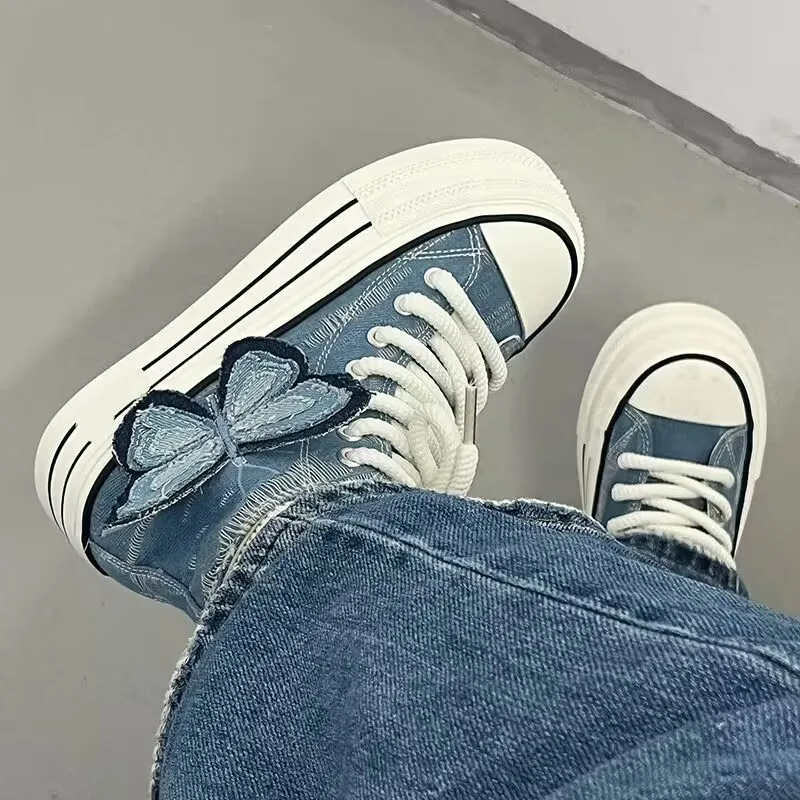 

2025 Butterfly High-top Canvas Shoes Spring Autumn Women Thick Sole Denim Shoes Girls Breathable Cloth Casual Shoes Canvas Shoes