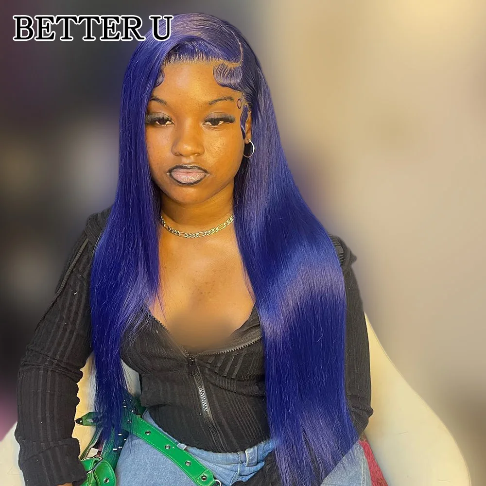 다크 블루 인모 레이스 프론트 가발 프리플러킹 13x6 스트레이트 인모 가발 네이비 블루 레이스 프론탈 가발 여성용 250% 밀도