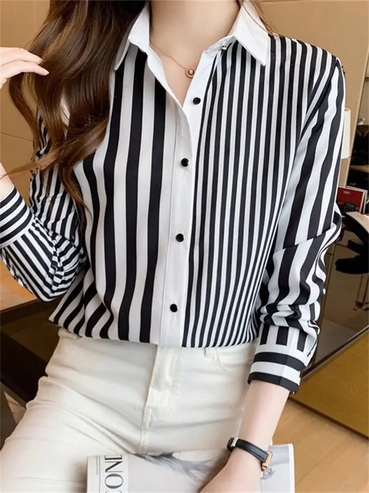 

Весна-Осень 2026: Модная женская шифоновая блузка с отложным воротником, полосатым узором, свободного кроя, для офиса и повседневной носки, длинный рукав.