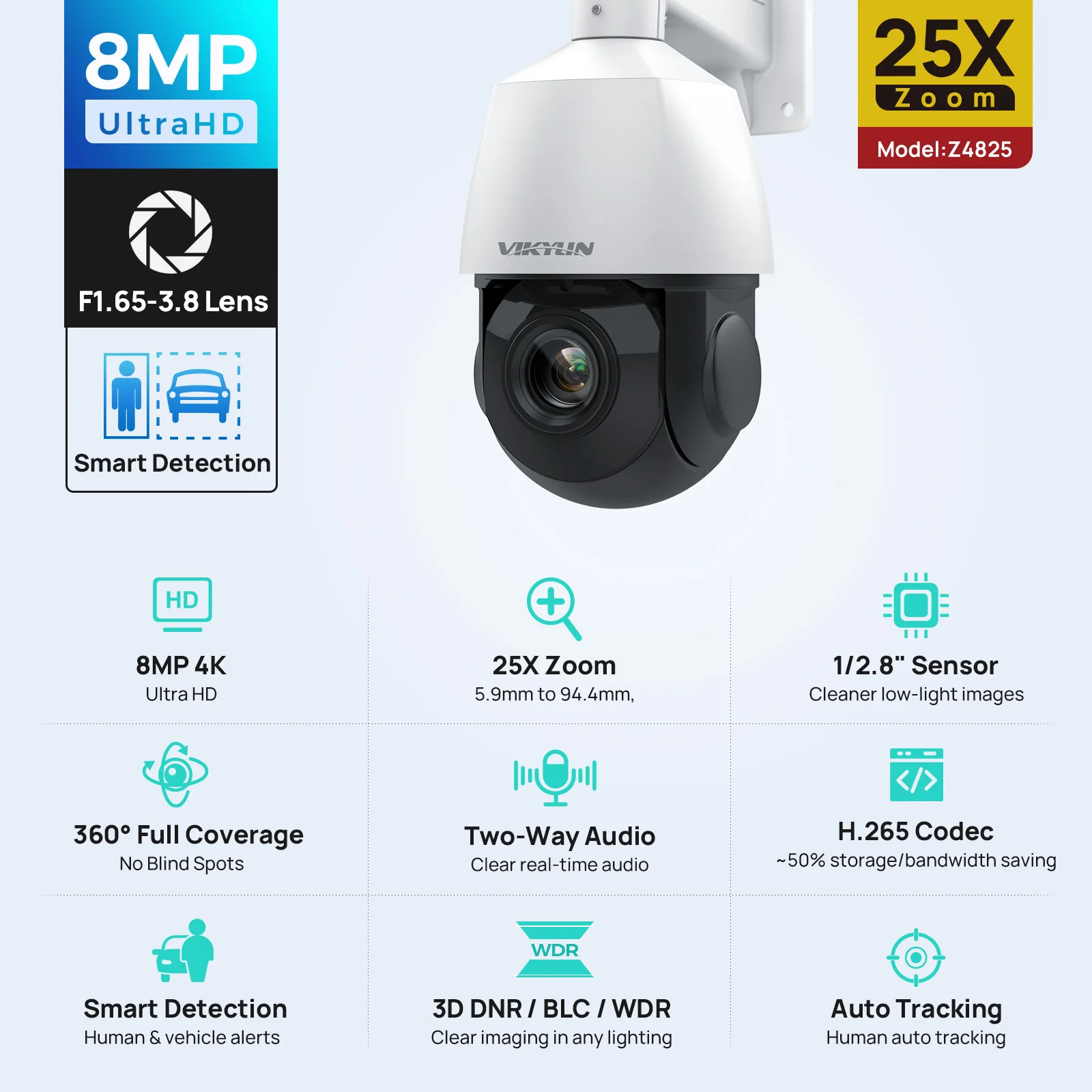 Vikylin 4K 8MP PTZ 25X Zoom 100M IR Night Vision IP Camera Human Auto Tracking MD2.0 For Outdoor Security Surveillance Camera