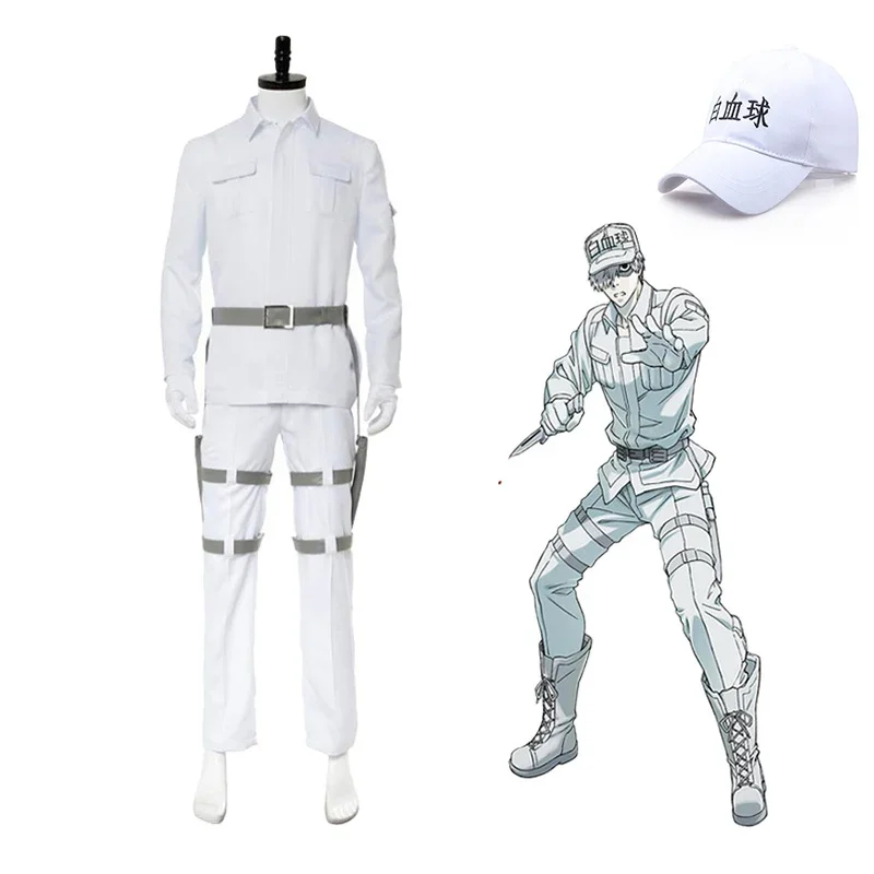 Anime Cells at Work! Neutrophil Uniform Hataraku Saibou White Blood Cell Cosplay Costume Coat Pants Belt Hat Golves Set