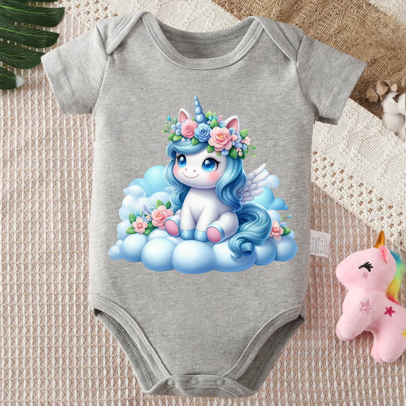 

Хлопковый комбинезон-боди с принтом «Цветы, Облака, Единорог» для новорожденных от 0 до 12 месяцев, удобная одежда для малышей