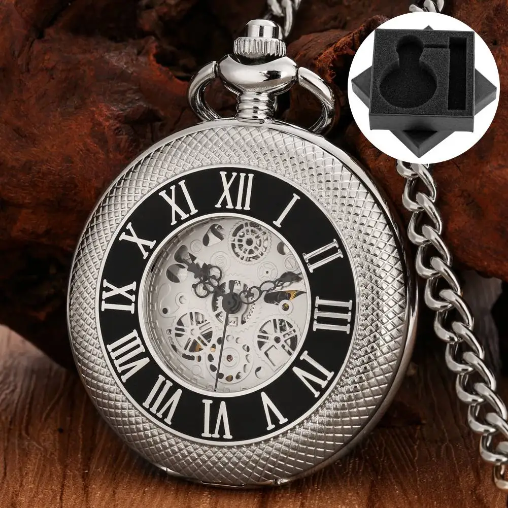 Steampunk Retro Silver Mechanical Hand Winding Pocket Watch Roman Numerals Display Fob Chain Pendant Pocket Timepiece Men's Gift