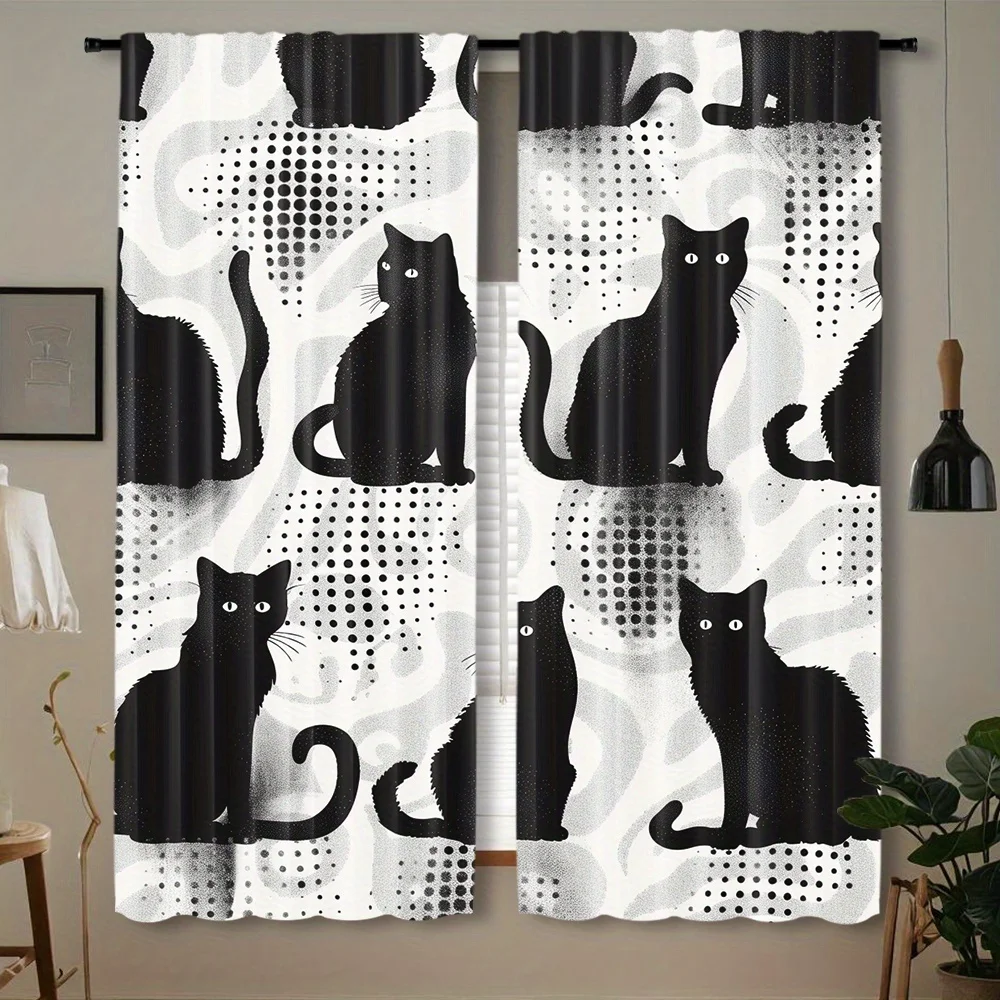 Monochrome Black Cat Theme Curtain 2 Panels Halftone Dot Swirl Background Living Room Curtain Modern Retro Pet Home Decor