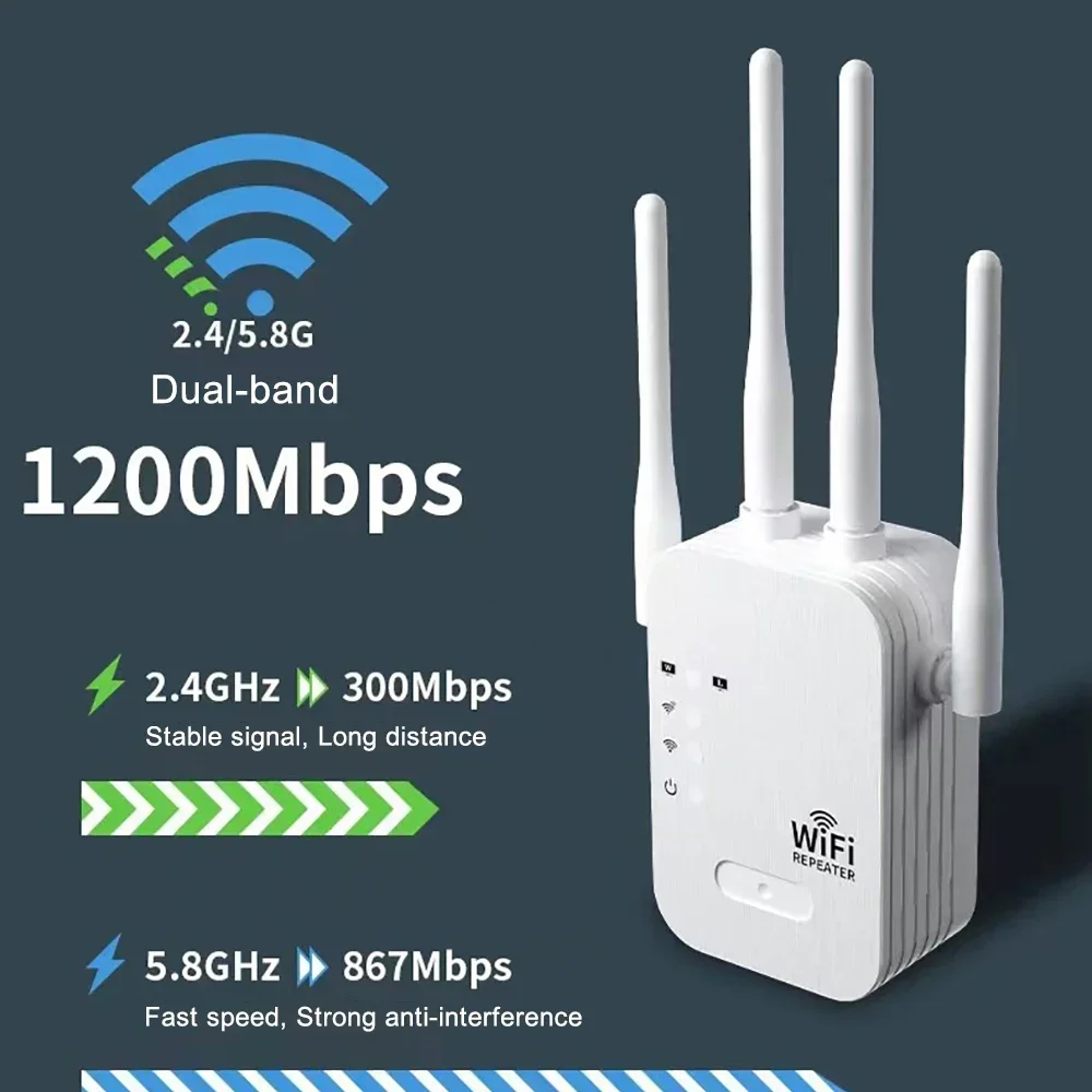 Repetidor WiFi de banda dupla, extensor sem fio, impulsionador WiFi, 5G, 2.4G, amplificador de rede, sinal de longo alcance, roteador doméstico, 1200Mbps