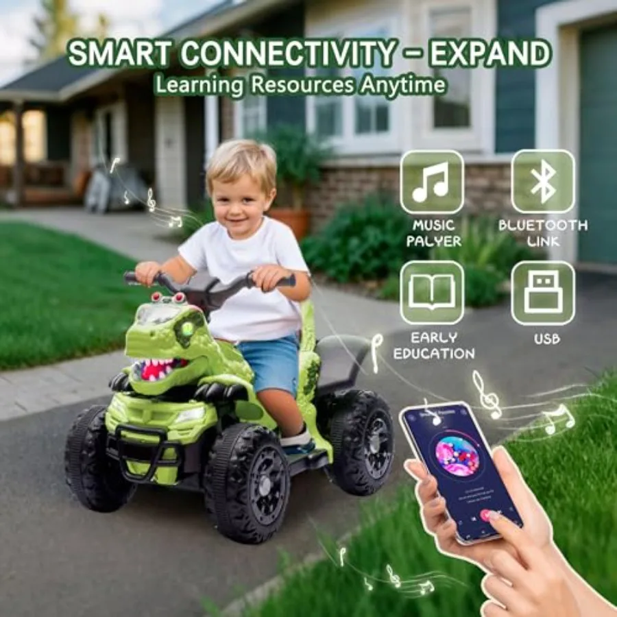 Electric Ride On Dinosaur ATV for Age 312V Electric Car with 4 Wheelers Ride On Toy with Music Bluetooth and LED Lights Birthda