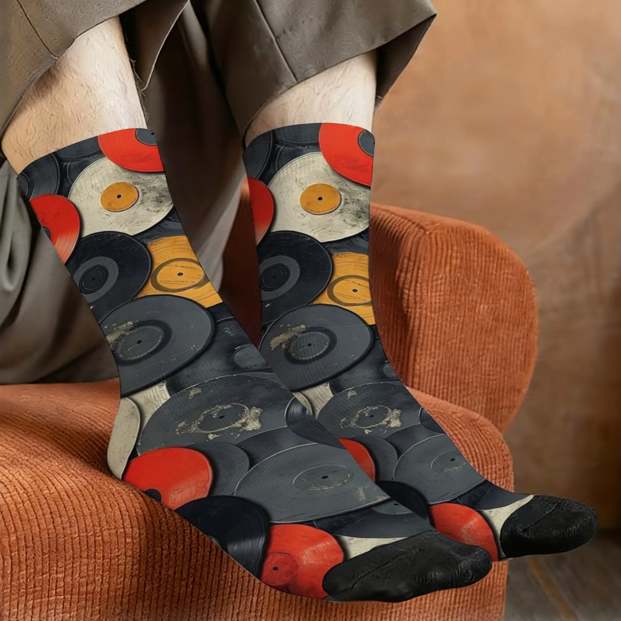 Vintage Vinyl Record Socks Light Durable Smooth Men's Socks Cycling Hiking Camping Happy Party Punk Trendy Edgy Streetwear Socks