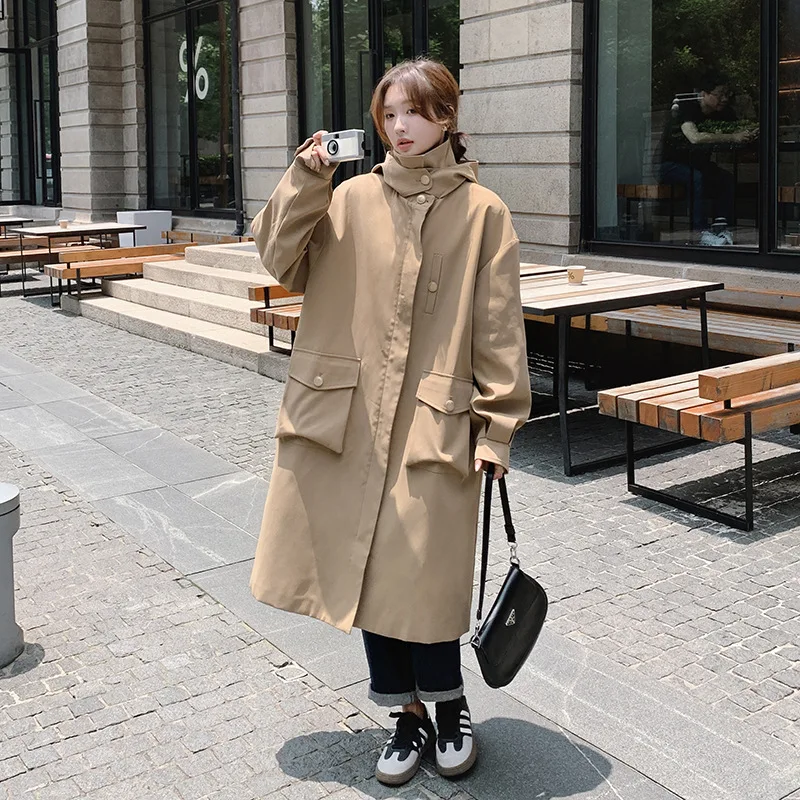 

SuperAen Vintage Khaki Hooded Long Trench Coat Women Spring and Autumn Korean Style Oversize Fashion Casual Coats