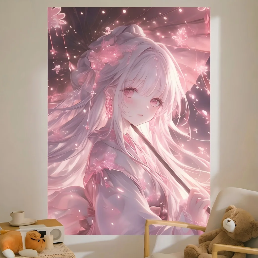 1pc Pink Anime Girl Kimono Umbrella Tapestry Cherry Blossom Fireflies Print Wall Hanging Japanese Style Decor for Bedroom Dorm